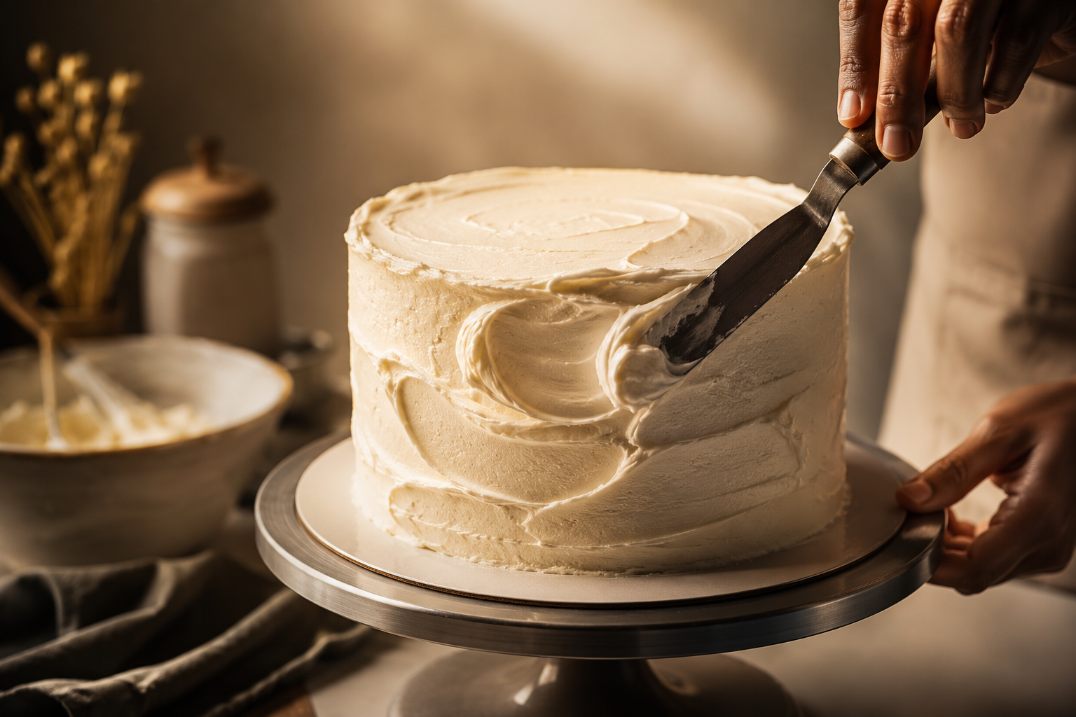Artisan baking setup with cakes and decorating supplies