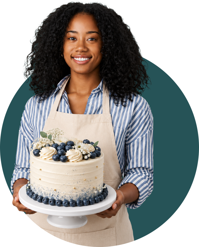 Professional baker presenting a cake