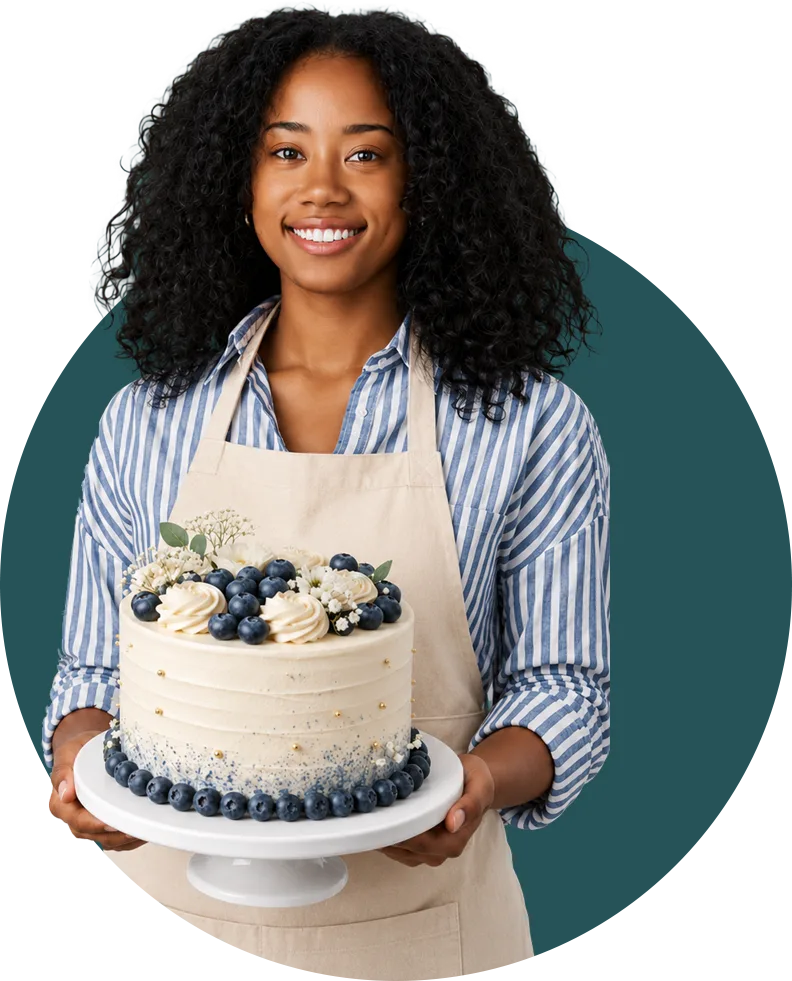 Professional baker presenting a cake